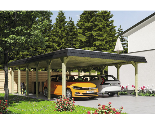 Carport double 2 voitures Skanholz Spreewald avec film epdm,ancrage pour poteaux 585 x 893 cm bois