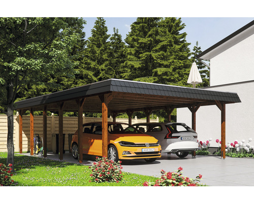 Carport double 2 voitures Skanholz Spreewald avec ancrage pour poteaux 585 x 893 cm noyer