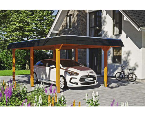 Carport Skanholz Wendland avec film epdm,ancrage pour poteaux 362 x 628 cm chêne clair