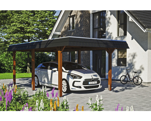 Carport Skanholz Wendland avec ancrage pour poteaux 362 x 628 cm noyer