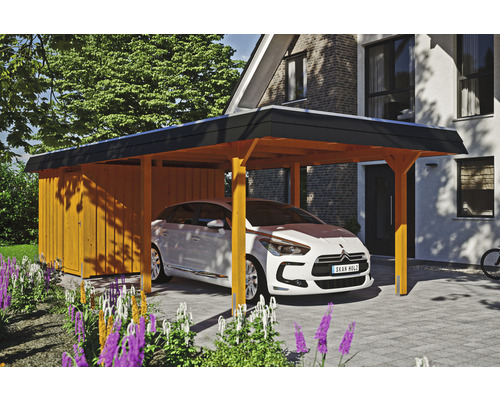 Carport Skanholz Wendland avec espace de rangement,film epdm,ancrage pour poteaux 362 x 870 cm chêne clair