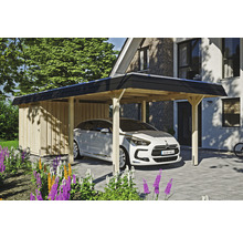 Carport en bois avec débarras et voiture garée