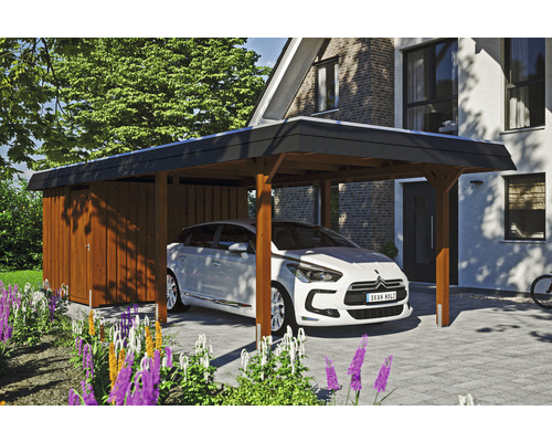 Carport Skanholz Wendland avec espace de rangement,film epdm,ancrage pour poteaux 362 x 870 cm noyer