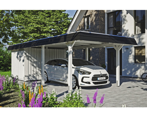 Carport Skanholz Wendland avec espace de rangement,ancrage pour poteaux 362 x 870 cm blanc