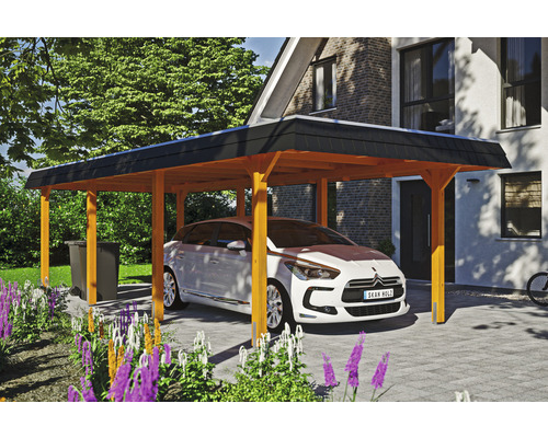 Carport Skanholz Wendland avec ancrage pour poteaux 362 x 870 cm chêne clair