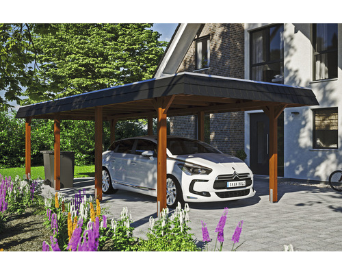 Carport Skanholz Wendland avec ancrage pour poteaux 362 x 870 cm noyer