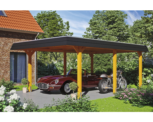 Carport Skanholz Wendland avec film epdm,ancrage pour poteaux 409 x 628 cm chêne clair