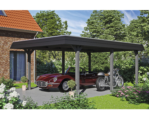 Carport Skanholz Wendland avec film epdm,ancrage pour poteaux 409 x 628 cm ardoise