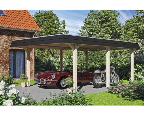 Carport Skanholz Wendland avec ancrage pour poteaux 409 x 628 cm bois