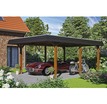 Carport mit Auto und Motorrad im Garten