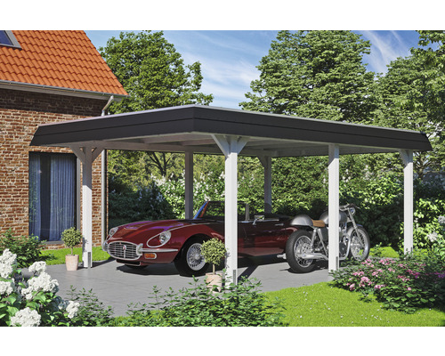 Carport Skanholz Wendland avec ancrage pour poteaux 409 x 628 cm blanc