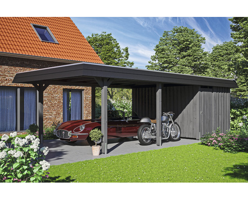 Carport Skanholz Wendland avec espace de rangement,film epdm,ancrage pour poteaux 409 x 870 cm ardoise