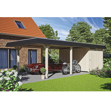 Carport mit Geräteschuppen, Auto und Motorrad