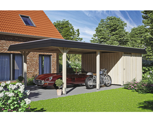 Carport Skanholz Wendland avec espace de rangement,film epdm,ancrage pour poteaux 409 x 870 cm bois