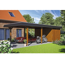 Carport aus Holz mit Geräteschuppen, untergestellt sind ein Auto und ein Motorrad