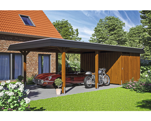 Carport Skanholz Wendland avec espace de rangement,film epdm,ancrage pour poteaux 409 x 870 cm noyer