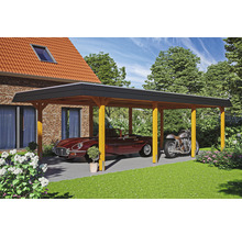Carport mit Auto und Motorrad im Garten