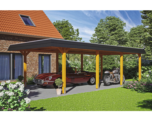 Carport Skanholz Wendland avec ancrage pour poteaux 409 x 870 cm chêne clair