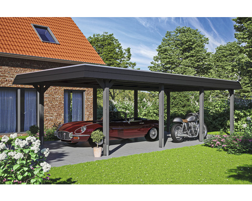 Carport Skanholz Wendland avec film epdm,ancrage pour poteaux 409 x 870 cm ardoise