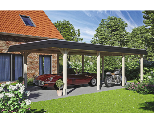 Carport Skanholz Wendland avec film epdm,ancrage pour poteaux 409 x 870 cm nature