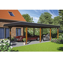 Carport en bois avec une voiture et une moto en dessous
