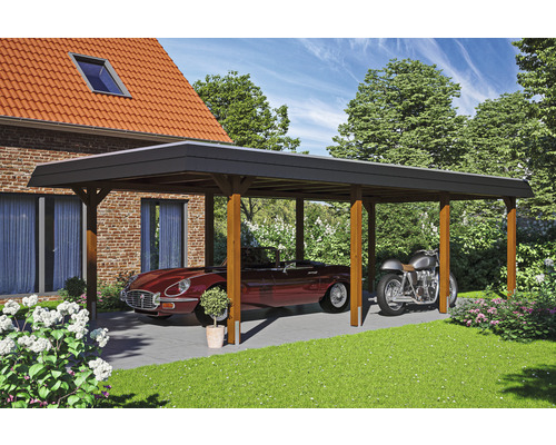 Carport Skanholz Wendland avec film epdm,ancrage pour poteaux 409 x 870 cm noyer