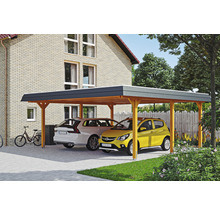 Carport aus Holz mit zwei geparkten Autos und Fahrrädern