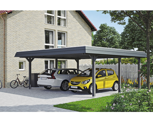 Carport double 2 voitures Skanholz Wendland avec ancrage pour poteaux 630 x 637 cm ardoise