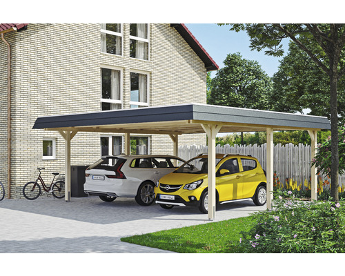 Carport double 2 voitures Skanholz Wendland avec ancrage pour poteaux 630 x 637 cm bois