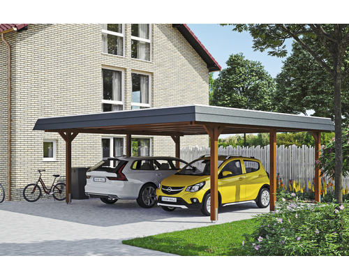 Carport double 2 voitures Skanholz Wendland avec ancrage pour poteaux 630 x 637 cm noyer