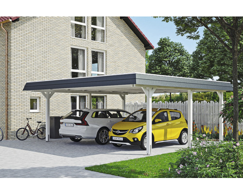 Carport double 2 voitures Skanholz Wendland avec ancrage pour poteaux 630 x 637 cm blanc
