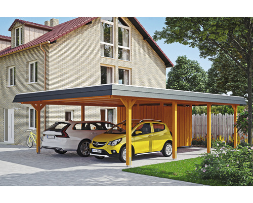 Carport double 2 voitures Skanholz Wendland avec espace de rangement,ancrage pour poteaux 630 x 879 cm chêne clair