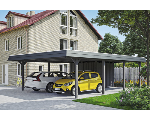 Carport double 2 voitures Skanholz Wendland avec espace de rangement,film epdm,ancrage pour poteaux 630 x 879 cm ardoise