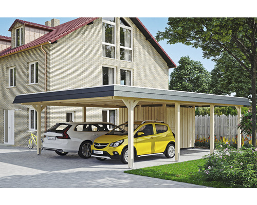 Doppelcarport SKAN HOLZ Wendland inkl. Abstellraum, Pfostenanker 630 x 879 cm natur