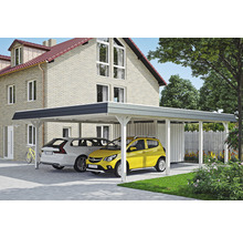Double carport en bois avec deux voitures garées devant une maison