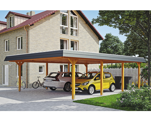 Carport double 2 voitures Skanholz Wendland avec film epdm,ancrage pour poteaux 630 x 879 cm chêne clair