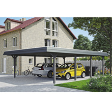 Carport mit zwei geparkten Autos vor einem Haus.