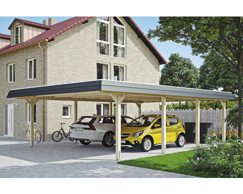 Carport double 2 voitures Skanholz Wendland avec film epdm,ancrage pour poteaux 630 x 879 cm bois