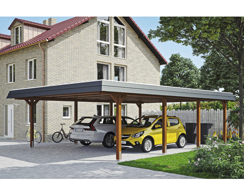 Carport double 2 voitures Skanholz Wendland avec film epdm,ancrage pour poteaux 630 x 879 cm noyer