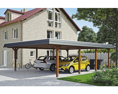 Carport double 2 voitures Skanholz Wendland avec ancrage pour poteaux 630 x 879 cm noyer