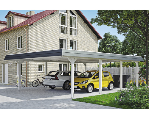 Carport double 2 voitures Skanholz Wendland avec film epdm,ancrage pour poteaux 630 x 879 cm blanc