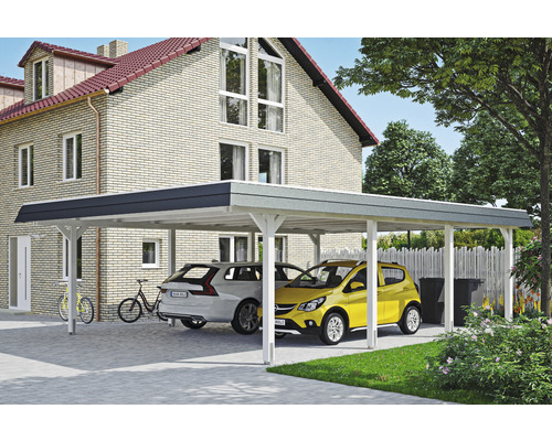 Carport double 2 voitures Skanholz Wendland avec ancrage pour poteaux 630 x 879 cm blanc