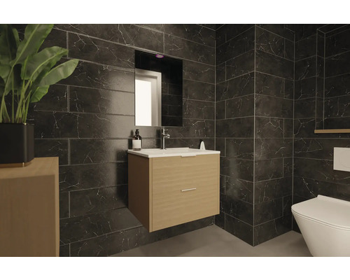 Salle de bain moderne avec lavabo, miroir et toilettes sur fond de carreaux sombres.