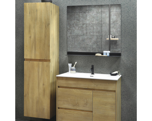 Salle de bains avec meuble sous-lavabo, armoire de toilette et armoire haute au design bois