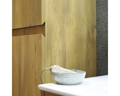Salle de bains avec armoire en bois, lavabo et porte-savon