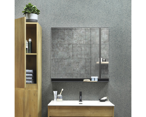 Salle de bain moderne avec lavabo, armoire de toilette et étagère ouverte