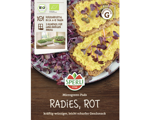 Logo Sperli. Microgreen Pads Radis rouges avec suggestion de service sur pain