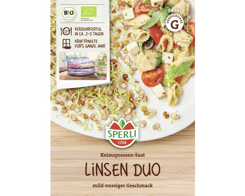 Sperli Linsen Duo graines germées présentées sur l''emballage et dans l''assiette