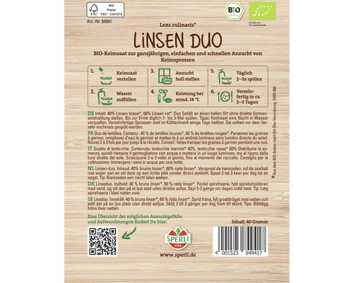 Sperli Linsen Duo semences germées, dos de l''emballage avec les instructions de germination