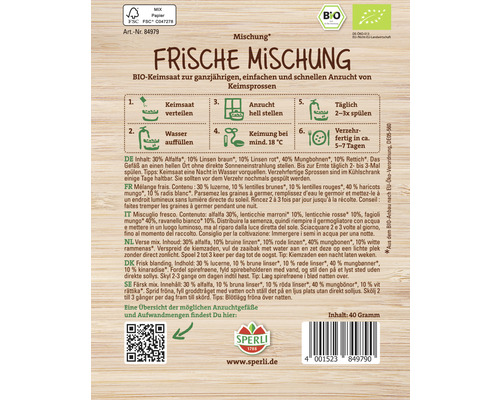 Mélange de graines pour graines germées avec instructions et logo Sperli